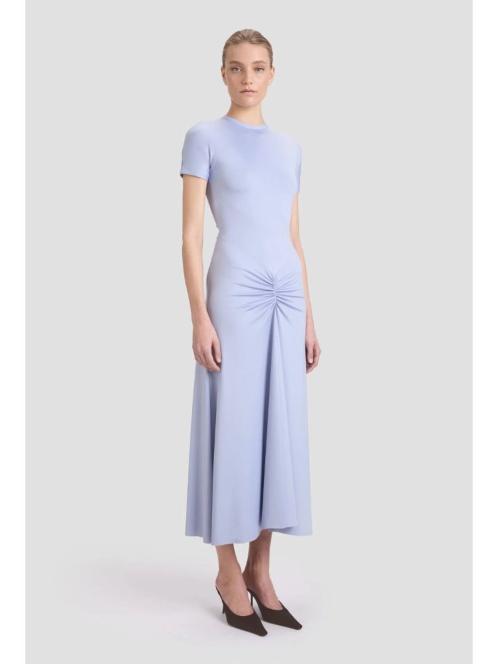 Victoria Beckham Gathered Waist Midi T-Shirt Dress Delphinium US 12 NWT - Picture 1 of 8